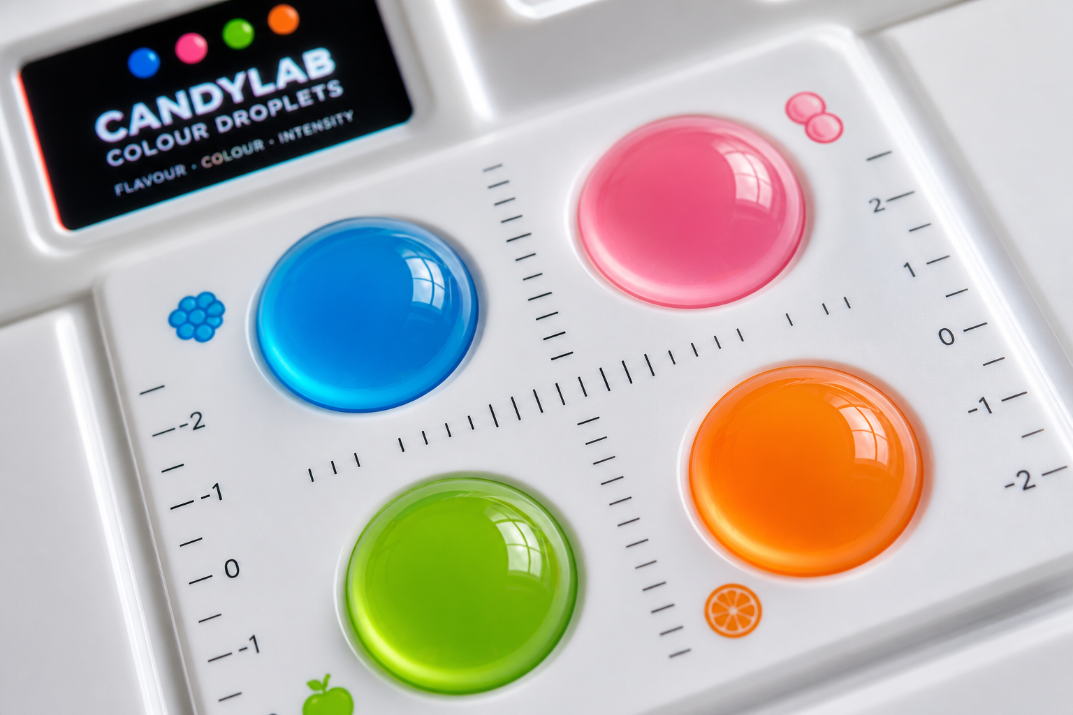 Artificial colour droplets on a glossy white tray