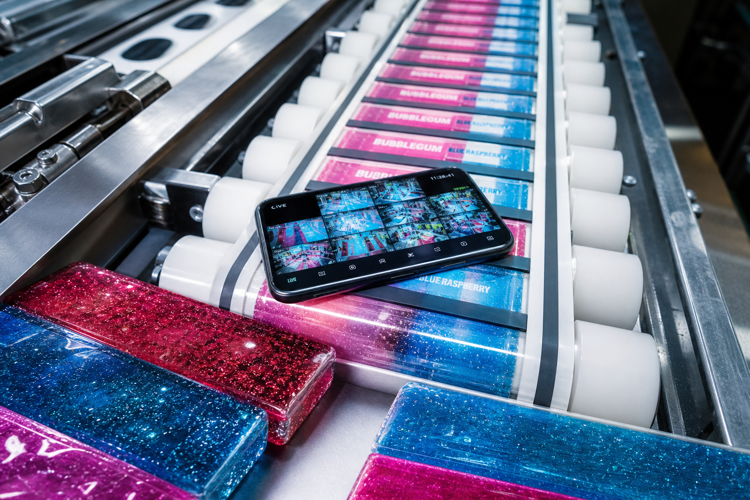 Smartphone live video tiles photographed among sugar-glass slabs on a production belt